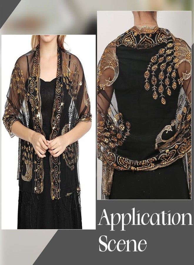 CABODYALS Black Floral Lace Shawl Wraps Sparkly Sequin Fringe Tassel Scarf with Gold Flower Peacock Patterns Vintage 1920S Long Chiffon Pashmina Shawls for Women Evening Dress Formal Wedding Party - Image 4